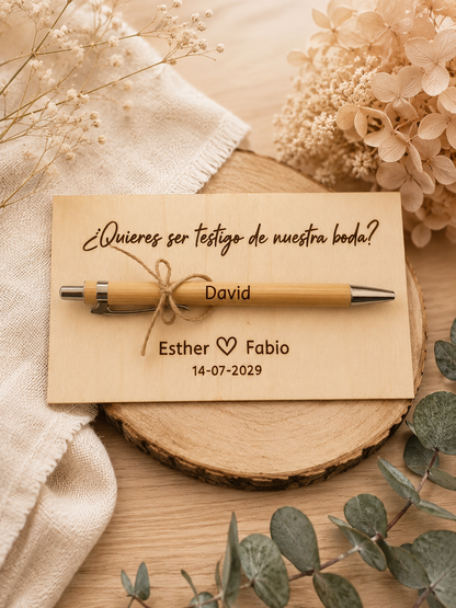 Bolígrafo de madera + tabla madera soporte